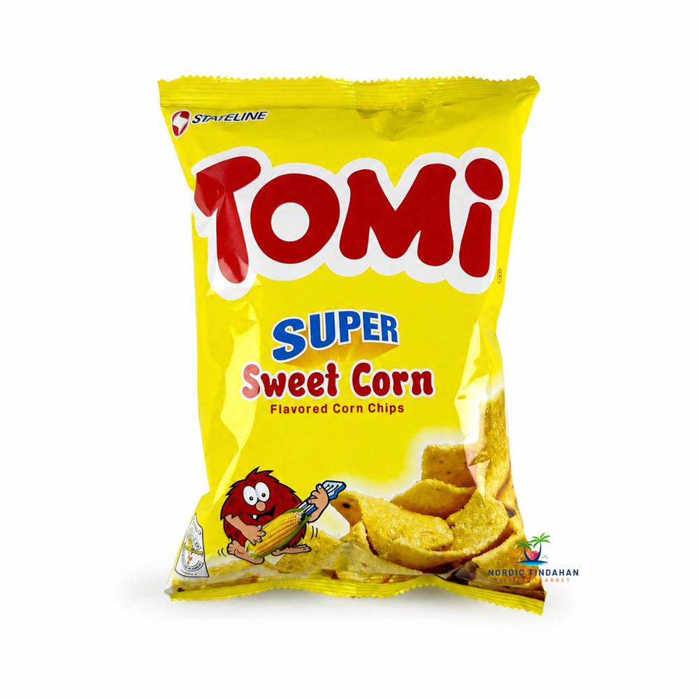 Tomi Super Sweet Corn Flavored Corn Chips are crispy and flavorful Filipino corn snacks with a delicious sweet corn taste. These light and crunchy chips are a popular snack in the Philippines, perfect for enjoying anytime at home, at parties, or on the go. A tasty treat for anyone craving authentic Filipino snacks with a satisfying corn flavor.