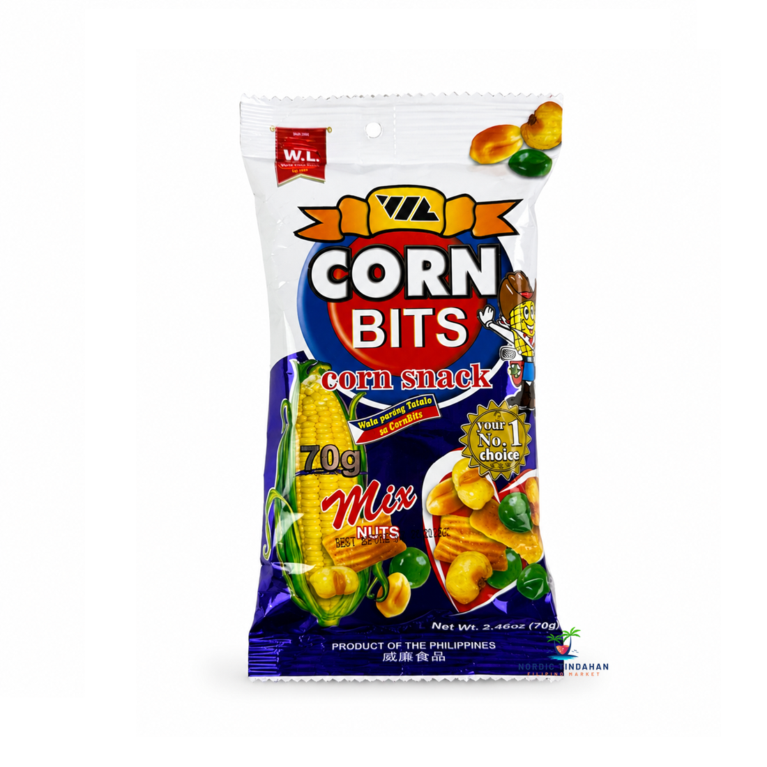Enjoy a delicious combination of crunchy corn bits and mixed nuts with W.L. Corn Bits Mix Nuts Snack 70g. This popular Filipino snack offers a satisfying blend of roasted corn and savory nuts, making it perfect for sharing, parties, movie nights, or anytime you want a flavorful and crunchy treat.
